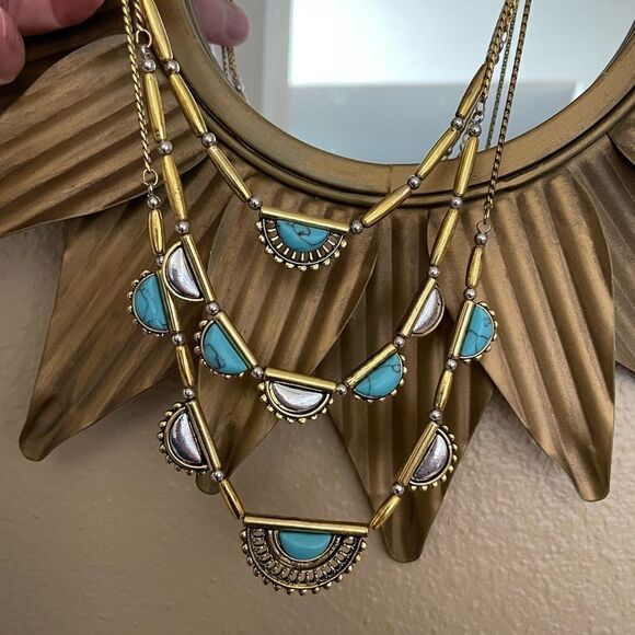 Gold Tone Turquoise Three Tiered Necklace - Picture 10 of 13